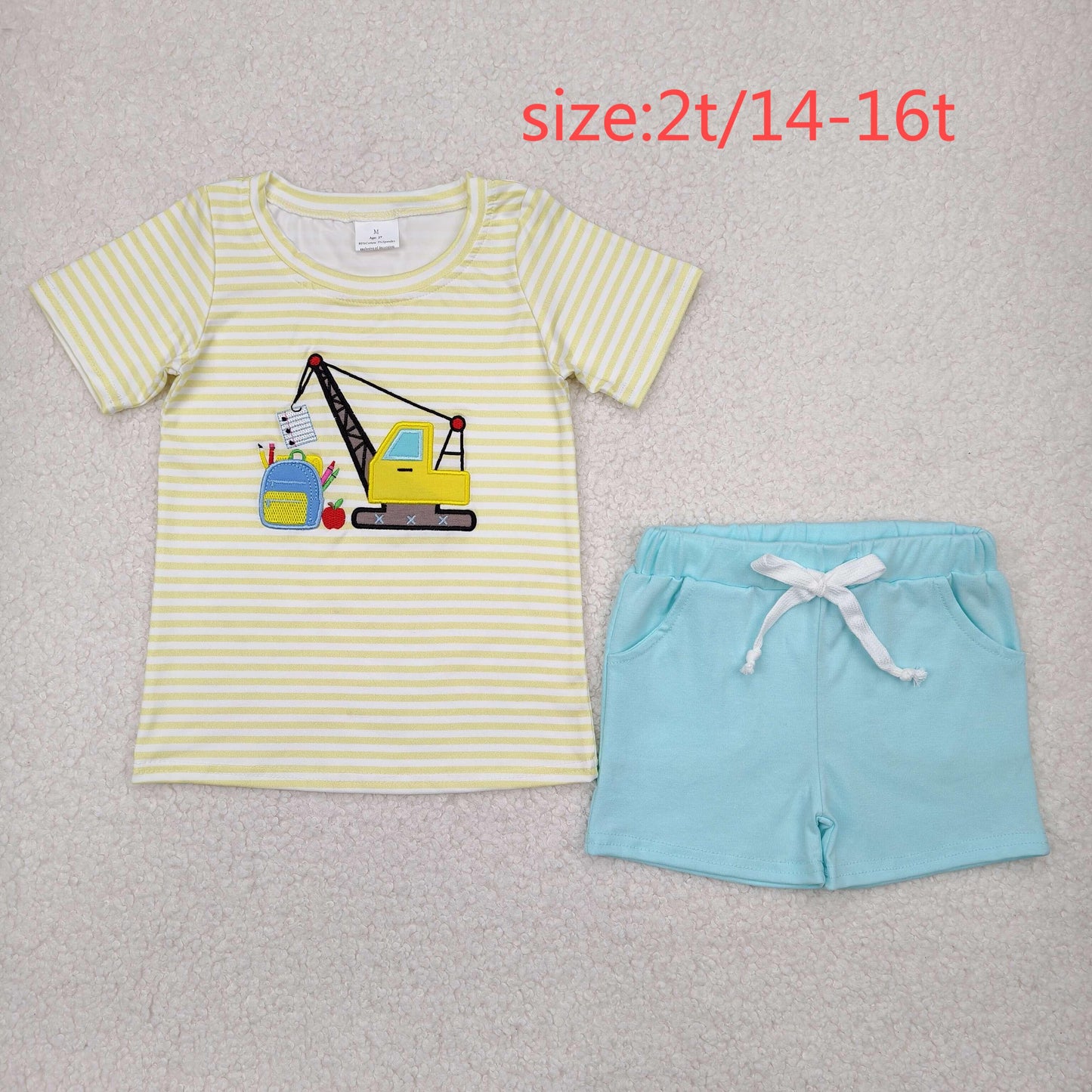 RTS NO MOQ BSSO1417 Embroidery Backpack engineering truck yellow striped blue shorts suit