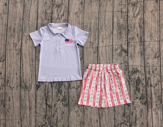 (Sample) No moq milk silk BSSO1480 Baby Boys 4th Of July Flag Print Button Polo Stripe Shorts Outfit Set