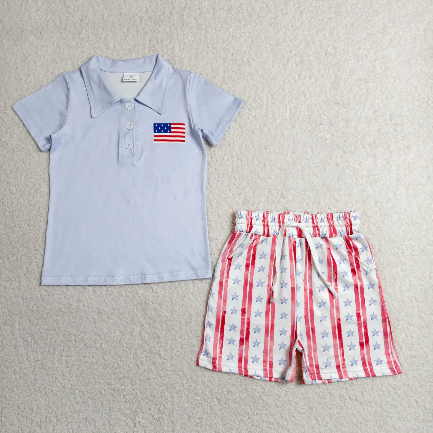 RTS NO MOQ milk silk BSSO1480 Baby Boys 4th Of July Flag Print Button Polo Stripe Shorts Set