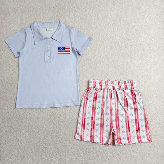 RTS NO MOQ milk silk BSSO1480 Baby Boys 4th Of July Flag Print Button Polo Stripe Shorts Set