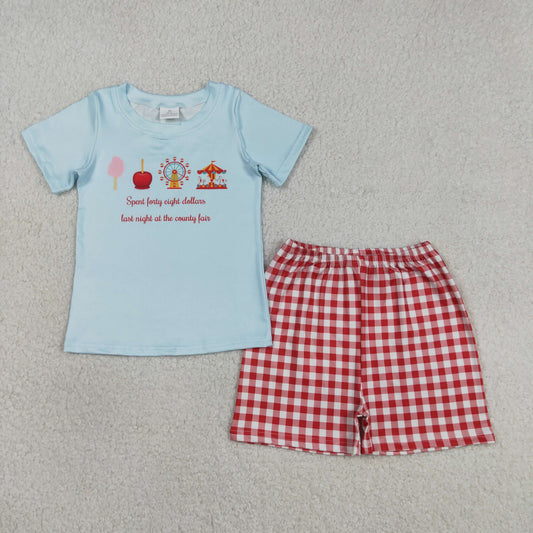RTS NO MOQ BSSO1482 Baby Boys Blue Short Sleeve Top with Red Plaid Shorts Outfit Set for Infants