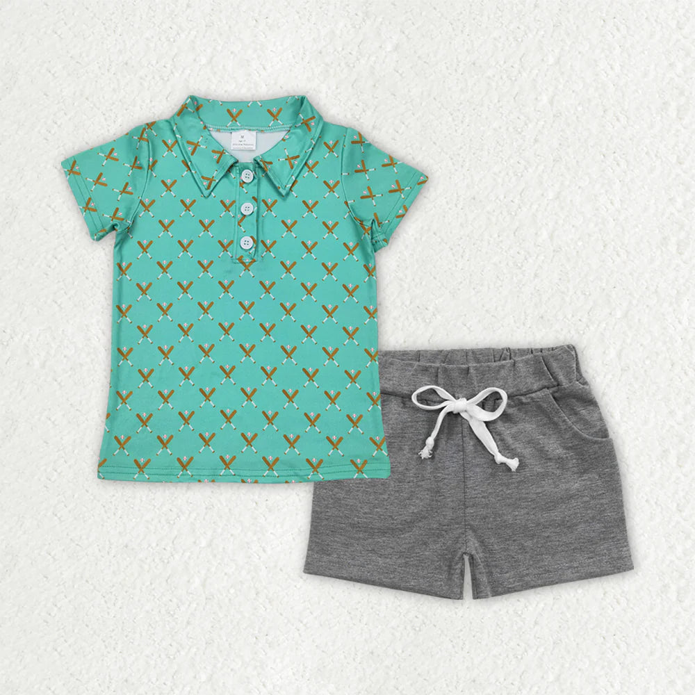 RTS NO MOQ Baby Boys Baseball Themed Button Pullover Top with Pockets Short Set Outfit for Infants
