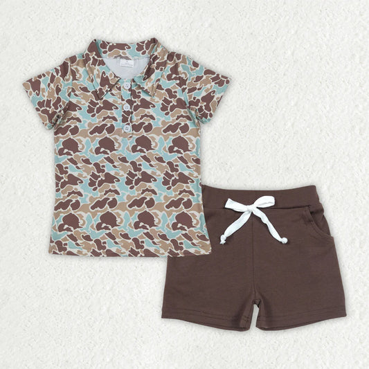 RTS NO MOQ Baby Boys Green Camouflage Button Pullover Top with Pockets And Shorts Outfit Set