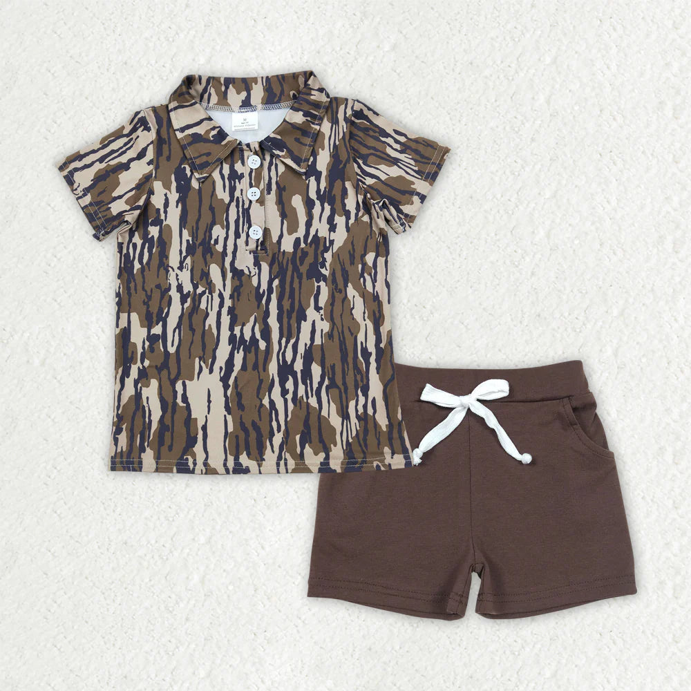 RTS NO MOQ Baby Boys Camouflage Button Pullover Top with Pockets And Shorts Outfit Set