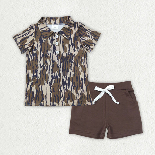 RTS NO MOQ Baby Boys Camouflage Button Pullover Top with Pockets And Shorts Outfit Set