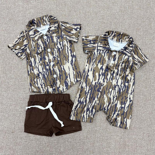 RTS NO MOQ Sibling baby boys clothes camouflage short sleeve Rompers and sets
