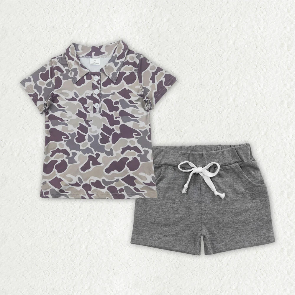 RTS NO MOQ Baby Boys Grey Camouflage Button Pullover Top with Pockets And Shorts Set Cute Military Print Outfit for Little Ones