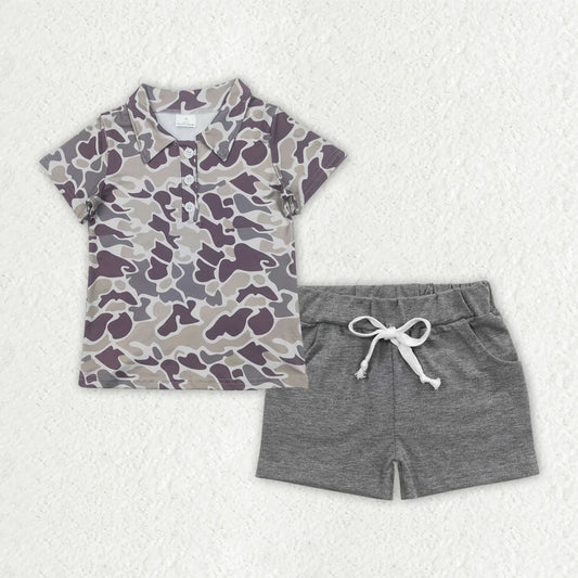 RTS NO MOQ Baby Boys Grey Camouflage Button Pullover Top with Pockets And Shorts Set Cute Military Print Outfit for Little Ones