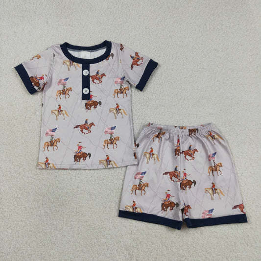 RTS NO MOQ BSSO1497 Baby Boys 4th of July Pajamas Set Button Top Short Outfit