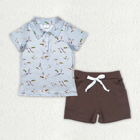 RTS NO MOQ Baby Boys Blue Ducks Button Polo Shirts Top Brown Pockets Shorts Sets