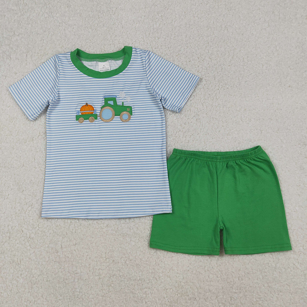 RTS NO MOQ Sibling Baby boy clothes embroidery halloween pumpkin short sleeve shorts suits & rompers