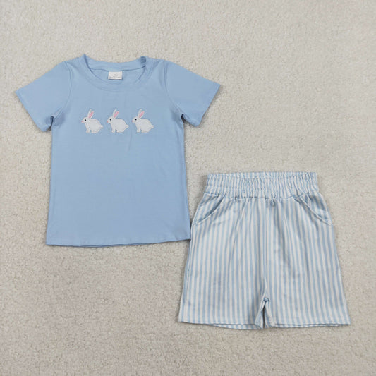 RTS NO MOQ BSSO1560 Baby Boys Easter Outfit Set with Embroidered Rabbits Top And Shorts Stripe Design with Pockets