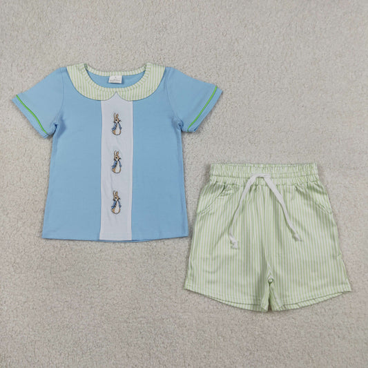 RTS NO MOQ BSSO1564 Embroidered Rabbit Baby Boys Outfit with Collar Top And Shorts Easter Clothing Set