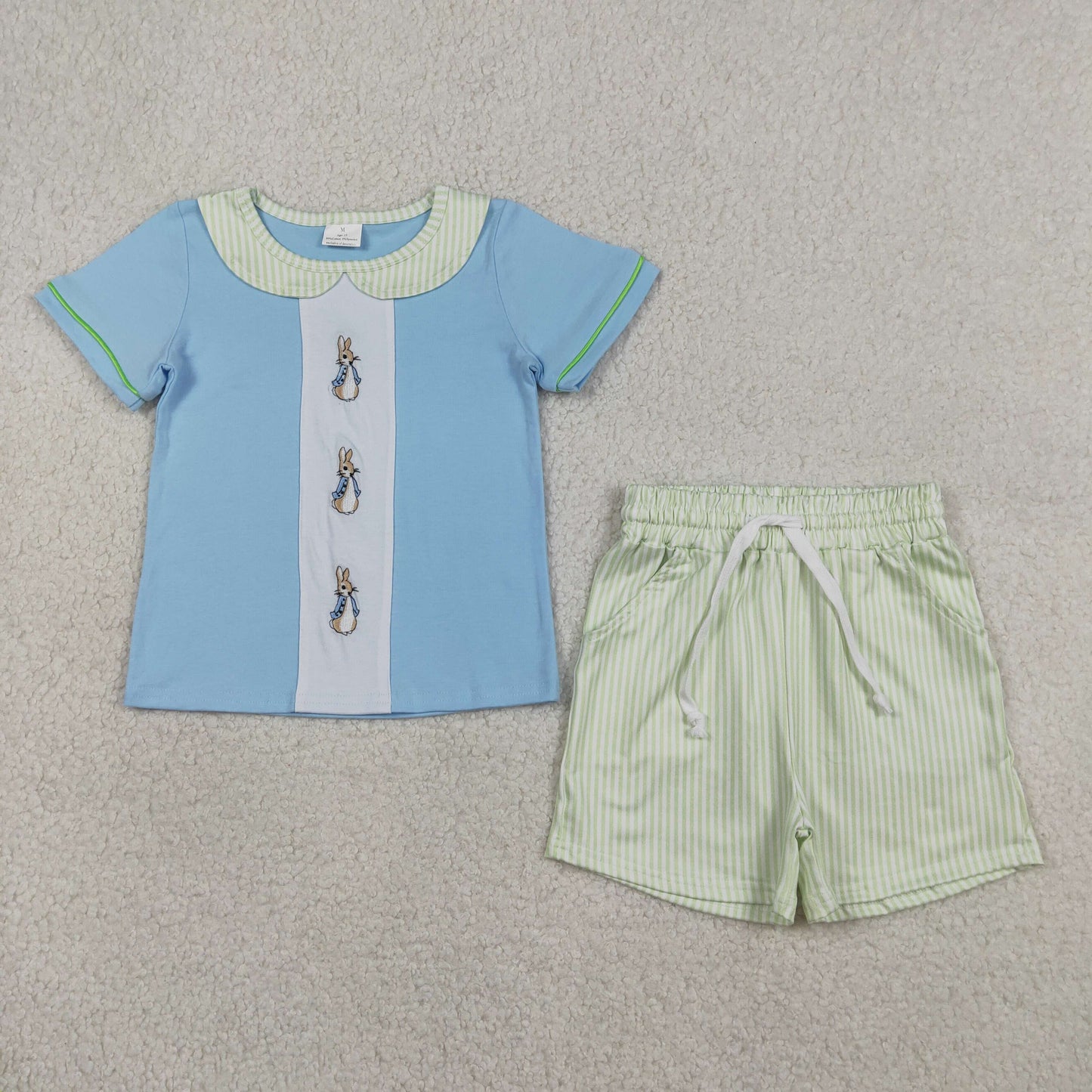 RTS NO MOQ Sibling Embroidery Rabbits Print Girls Knee-Length Dress Rompers Boys Collar Top Stripe Pockets Shorts Sets Romper