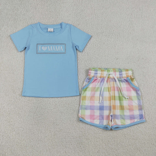 RTS NO MOQ BSSO1605 Embroidery I Love Mama Baby Boys Outfit Short Sleeve Checked Top with Pockets Matching Shorts Clothing