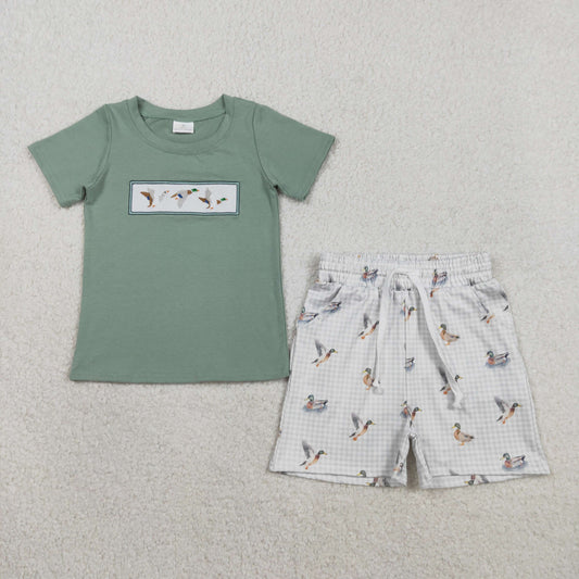 RTS NO MOQ BSSO1639 Baby Boys Checked Hunting Clothes Sets with Embroidery Ducks Top And Shorts with Pockets for Kids