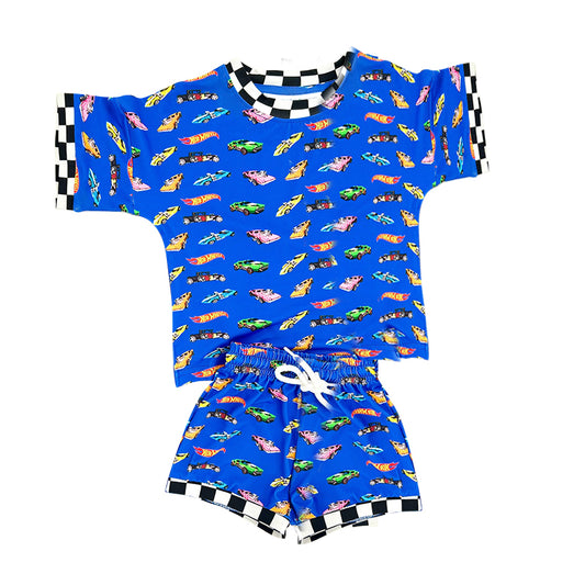 (Pre Order) No moq BSSO1640 Toddler Boys Bright Blue Car Print Plaid Two Piece Casual Outfit