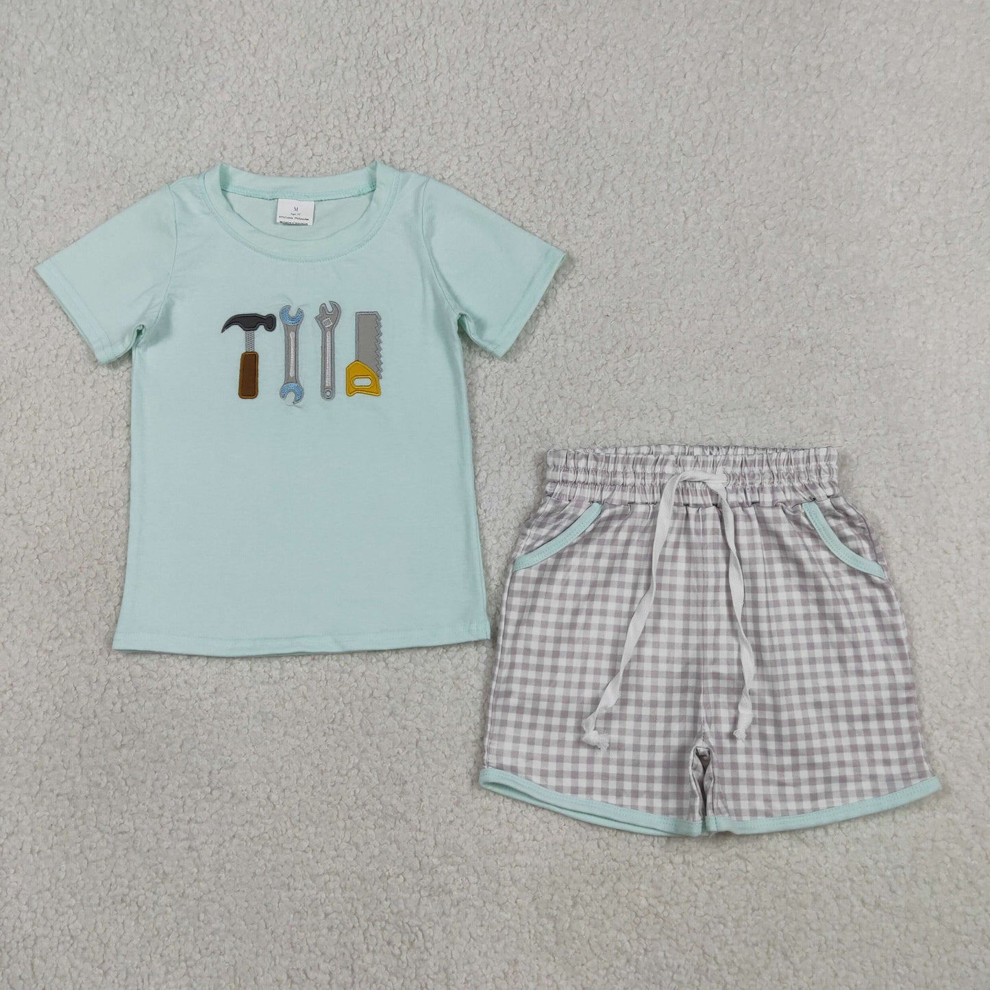 RTS NO MOQ BSSO1666 Baby Boys Embroidery Tools Top with Checked Pockets Shorts Clothing Set