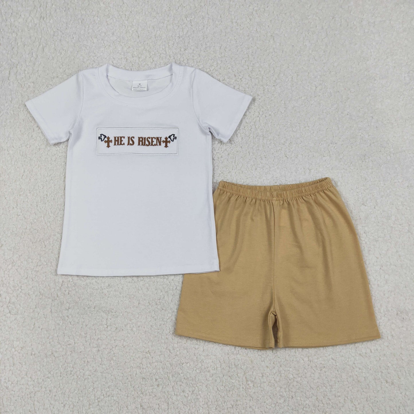RTS NO MOQ Sibling Embroidery 'He Is Risen' Baby Boys Easter Outfit Set Sleeveless Rompers Top Shorts Knee-Length Dresses