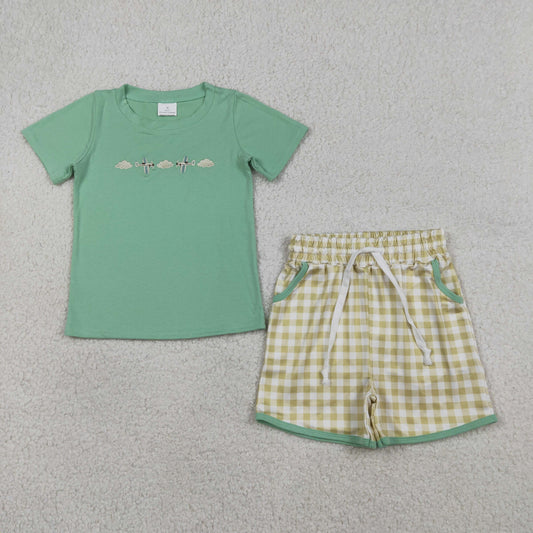RTS NO MOQ BSSO1684 Baby Boys Embroidered Top with Checked Pockets Cute Clothes Set
