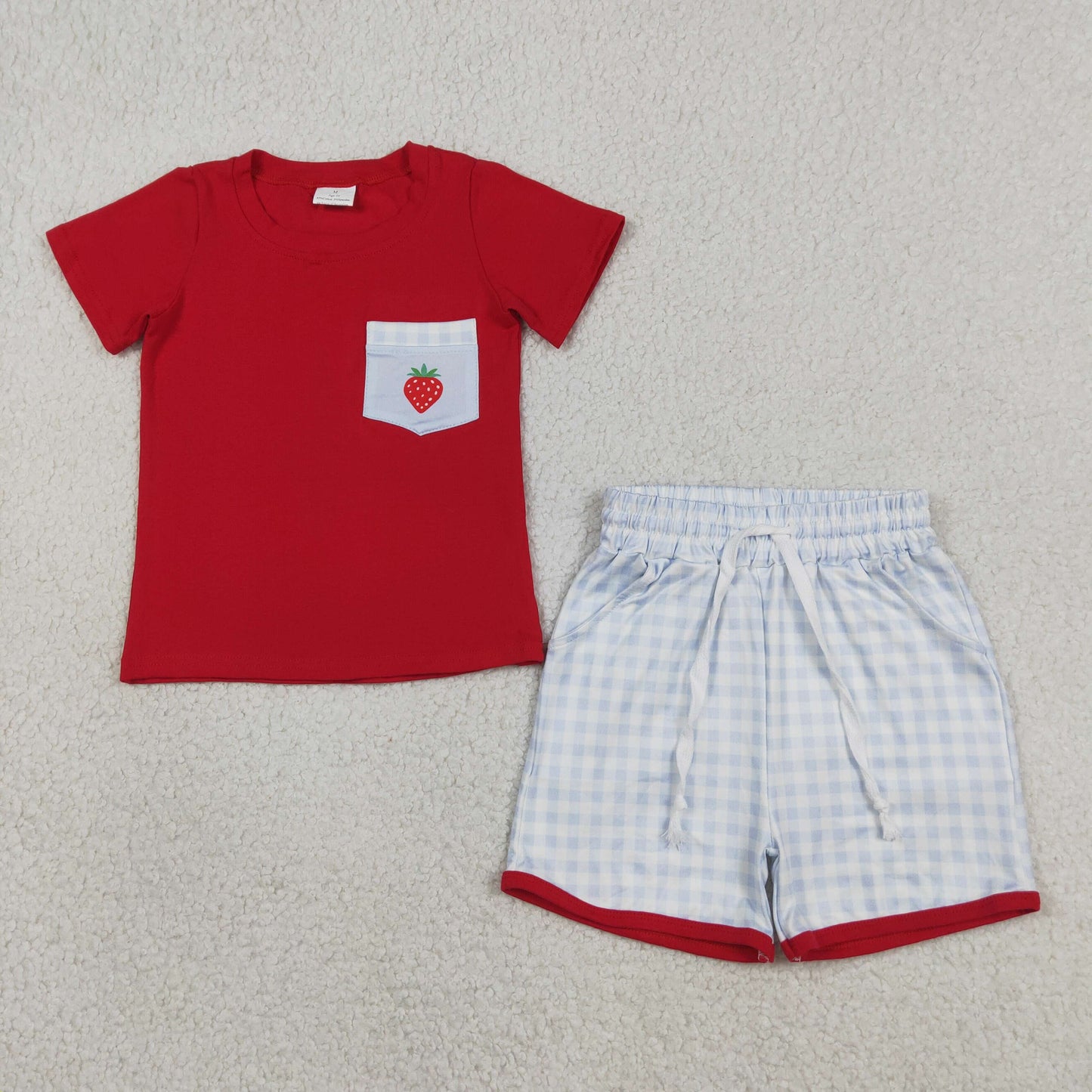 RTS NO MOQ BSSO1692 Toddler Boys Checked Pocket Shorts Strawberry Pattern Top Clothes Sets