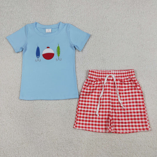 RTS NO MOQ BSSO1699 Embroidery Fishing Baby Boys Outfit with Checked Pockets Shorts Hunting Clothing Set
