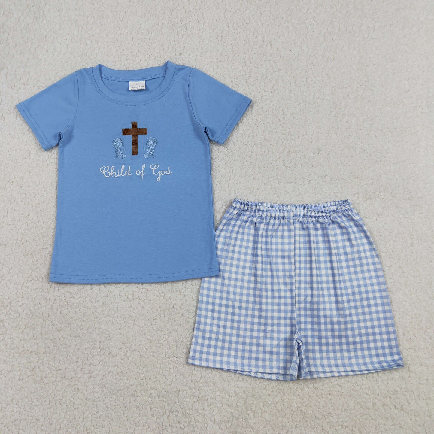 RTS NO MOQ Sibling Baby Boys Embroidery Child of God Top Checked Shorts Set Girls Pink Knee-Length Dress