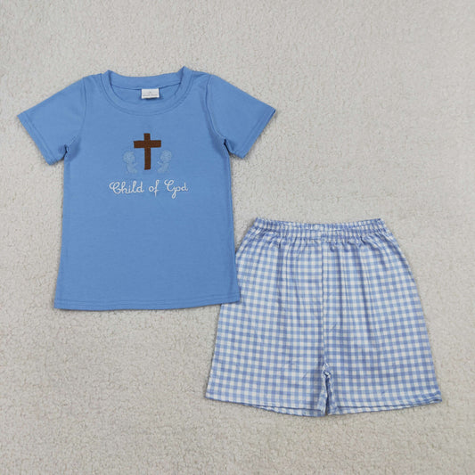 RTS NO MOQ BSSO1714 Embroidery Cross Child of God Baby Boys Outfit Set with Checked Shorts Top And Bottoms for Infants Boy's Clothing