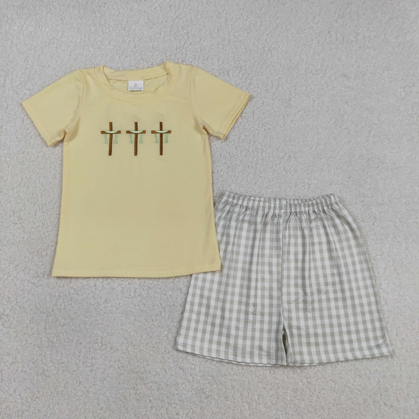 RTS NO MOQ BSSO1717 Embroidery Baby Boys Easter Outfit Crosses Top with Checked Shorts Cute Clothing