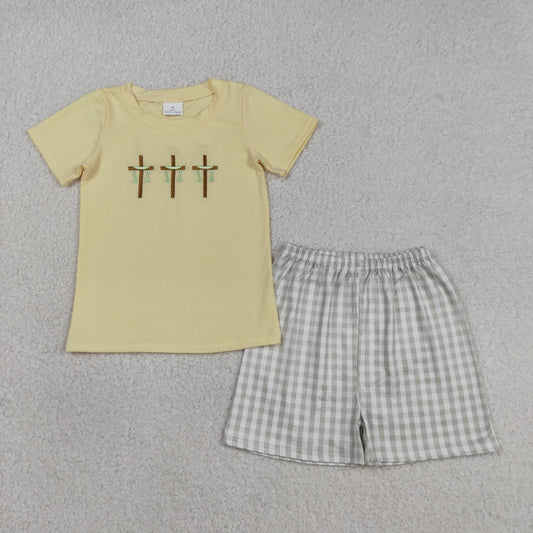 RTS NO MOQ BSSO1717 Embroidery Baby Boys Easter Outfit Crosses Top with Checked Shorts Cute Clothing