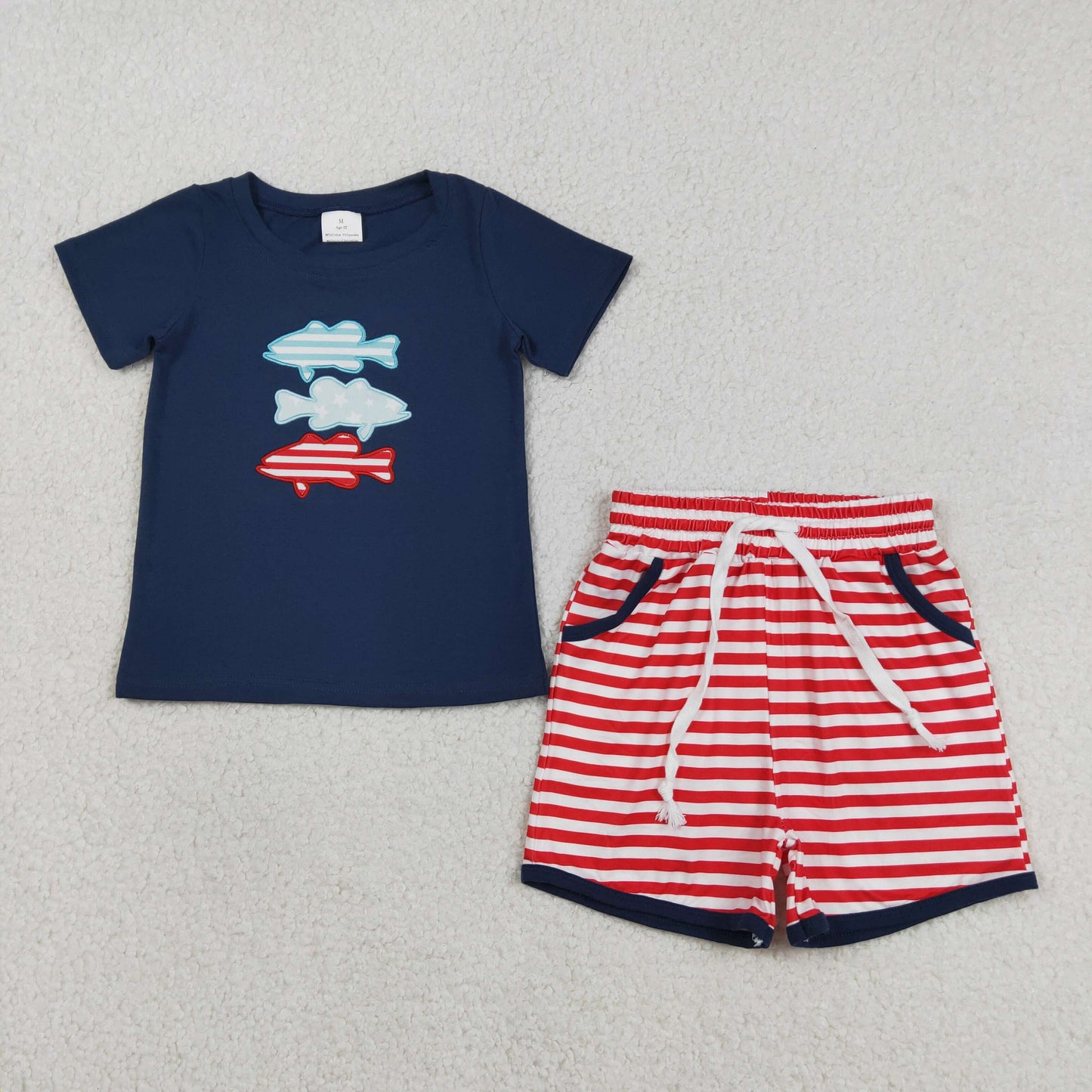 RTS NO MOQ BSSO1741 Embroidered Fish Baby Boys Outfit with Stripe Top And Shorts Clothing Set for 4th of July