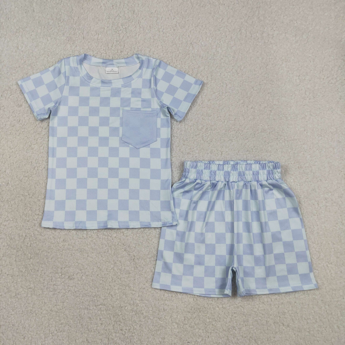 RTS NO MOQ Sibling Baby Boys Blue Checked Pajamas Set with Pocket Long Sleeve Top And Shorts