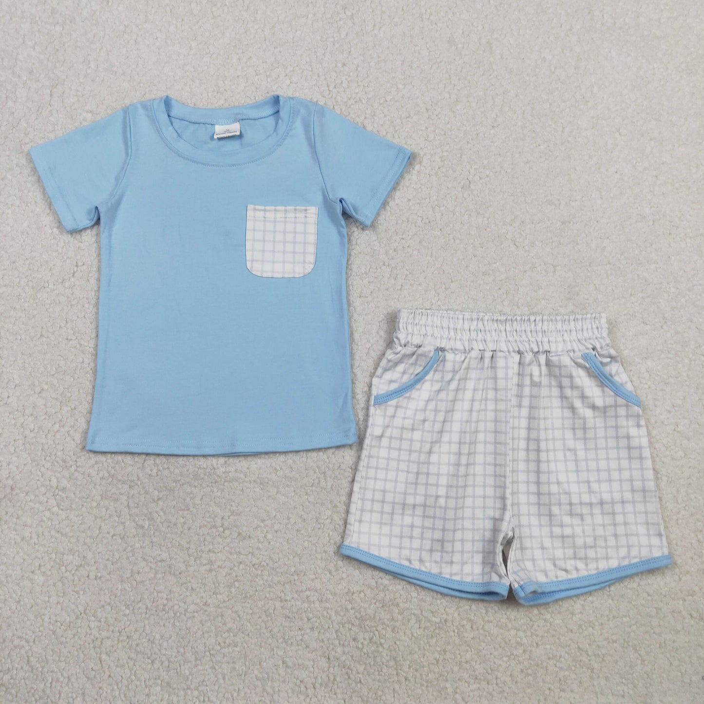 RTS NO MOQ BSSO1762 Baby Boys Blue Checked Shirt And Shorts Set Short Sleeve Top with Pockets Clothing Outfit for Infants