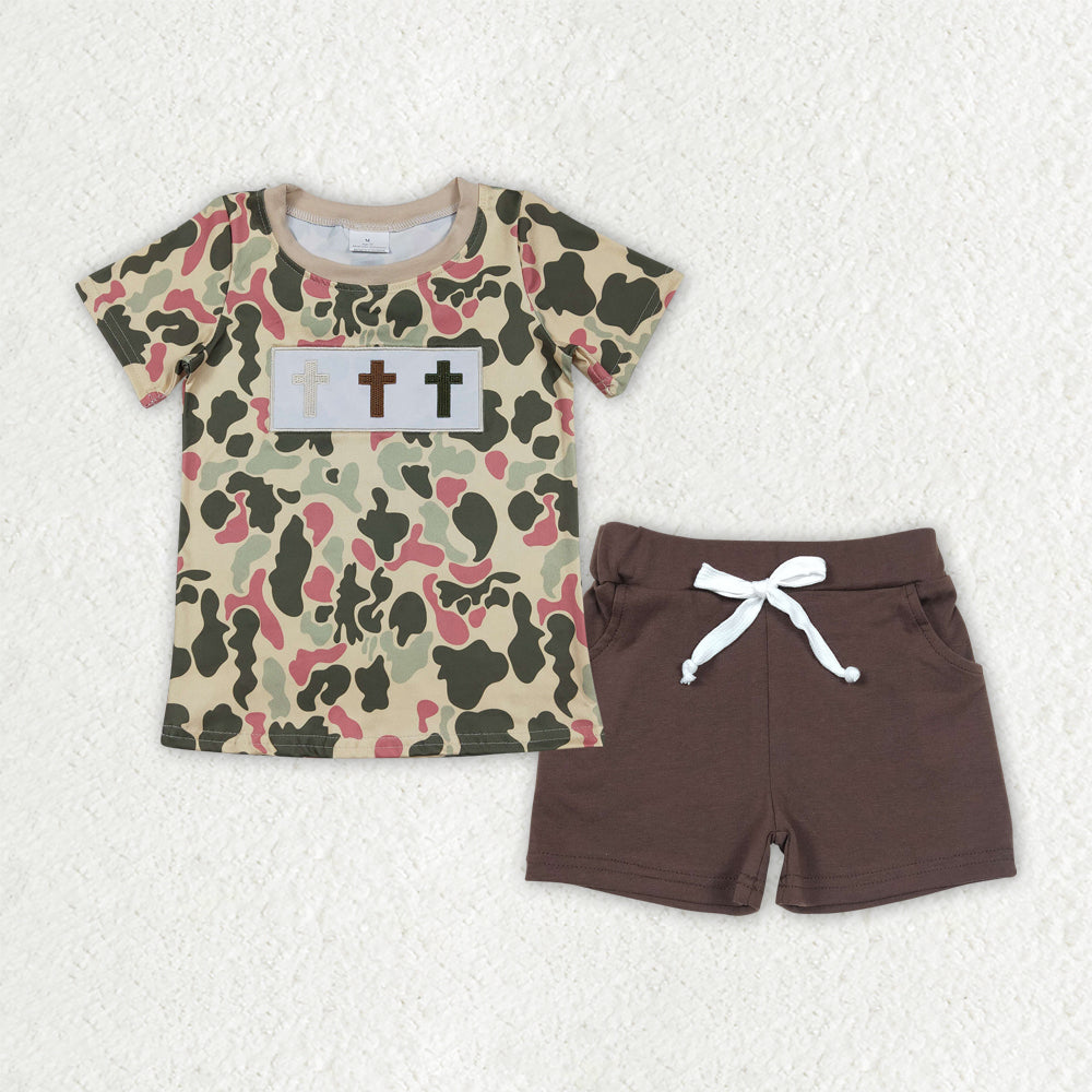 RTS NO MOQ（In Stock) baby boy clothes embroidery easter short-sleeved shirt with letters pocket shorts sets-BSSO1780