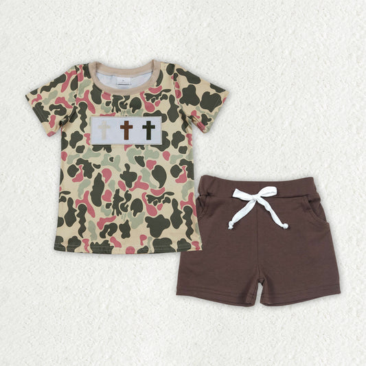 RTS NO MOQ（In Stock) baby boy clothes embroidery easter short-sleeved shirt with letters pocket shorts sets-BSSO1780