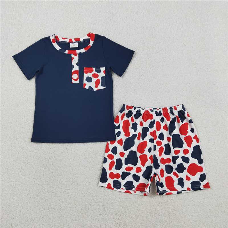 RTS NO MOQ Sibling Baby Boys 4th of July Pajamas Set Flags Horses Cow Print Button Shirts Top And Shorts Outfit