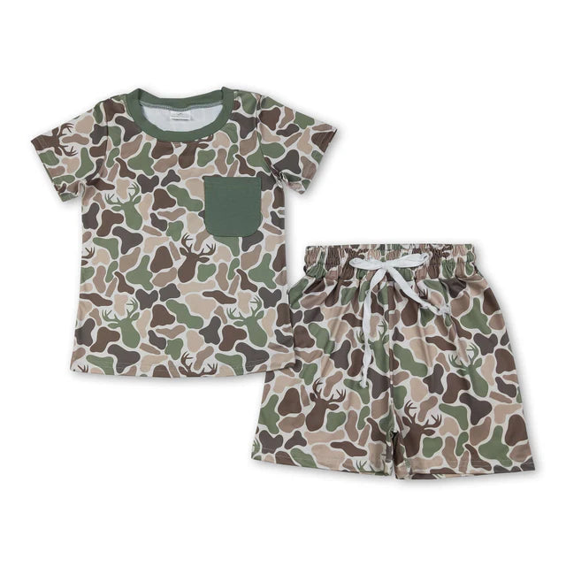 RTS NO MOQ Sibling milk silk Duck Camo Printed Pocket Top Shorts Baby Boys Hunting Pajamas Clothes Sets