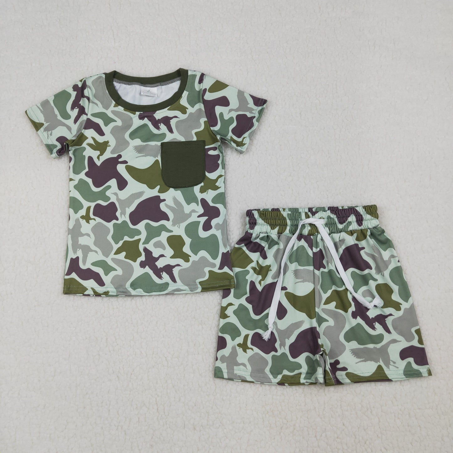 RTS NO MOQ BSSO1793 Baby Boys Southern Green Ducks Camouflage Top And Shorts Set with Pocket for Hunting Clothes Sets