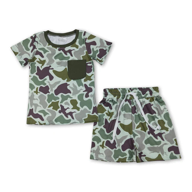 RTS NO MOQ Sibling milk silk Duck Camo Printed Pocket Top Shorts Baby Boys Hunting Pajamas Clothes Sets