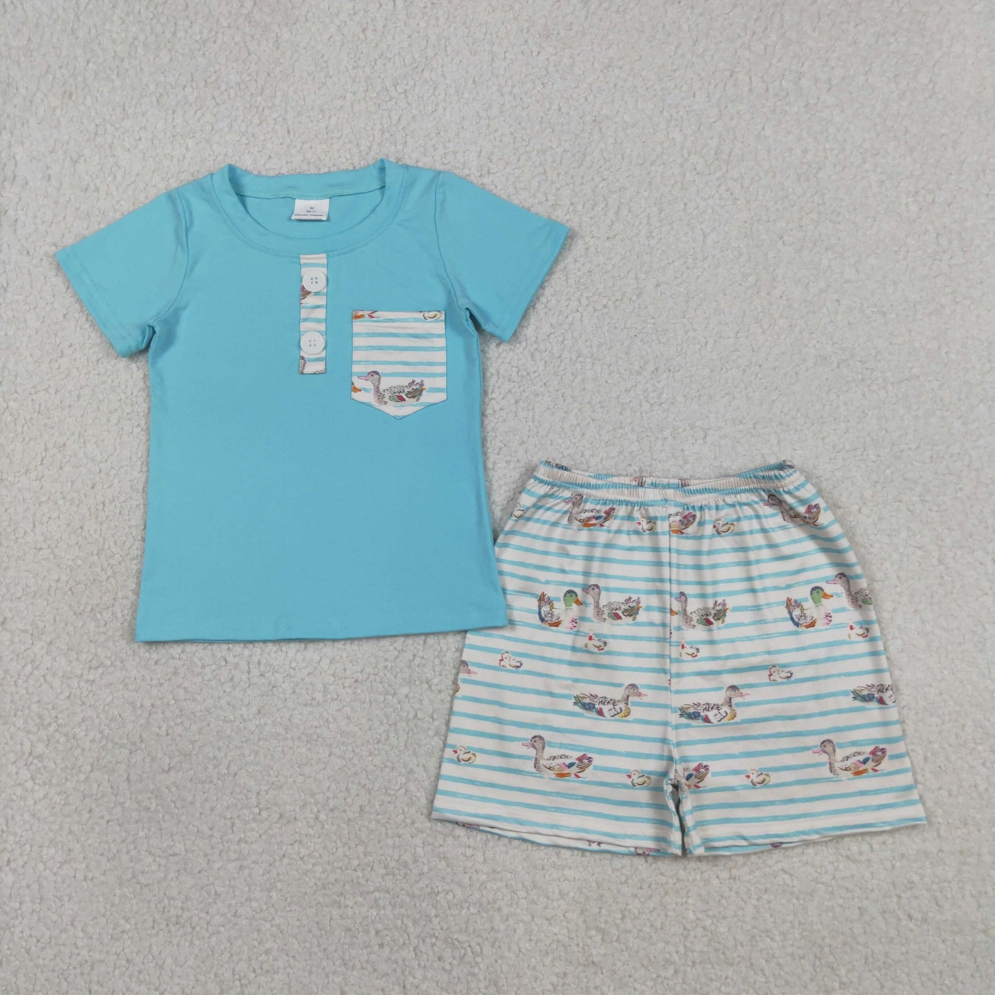 RTS NO MOQ BSSO1802 Baby Boys Blue Hunting Clothes Set with Button Pockets Top And Ducks Stripe Shorts