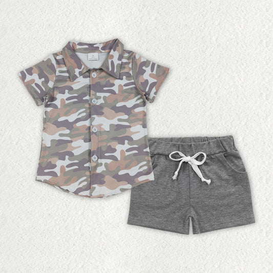 RTS NO MOQ（In Stock) baby boy clothes camouflage button short-sleeved top pocket shorts sets-BSSO1803
