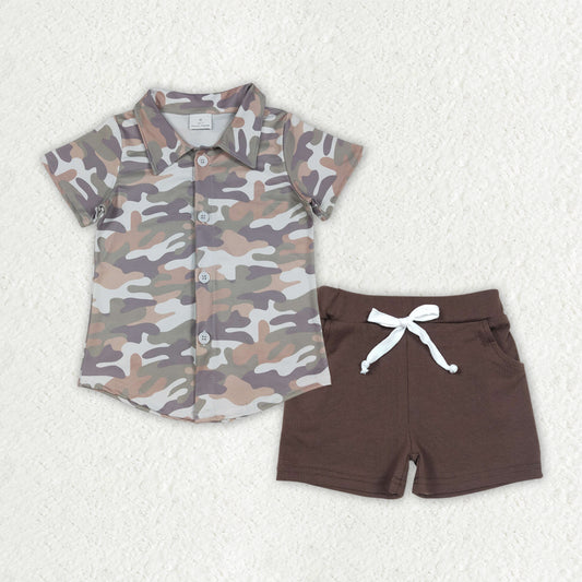 RTS NO MOQ（In Stock) baby boy clothes camouflage button short-sleeved top pocket shorts sets-BSSO1804