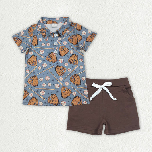 RTS NO MOQ（In Stock) baby boy clothes baseball short-sleeved top pocket shorts sets-BSSO1806
