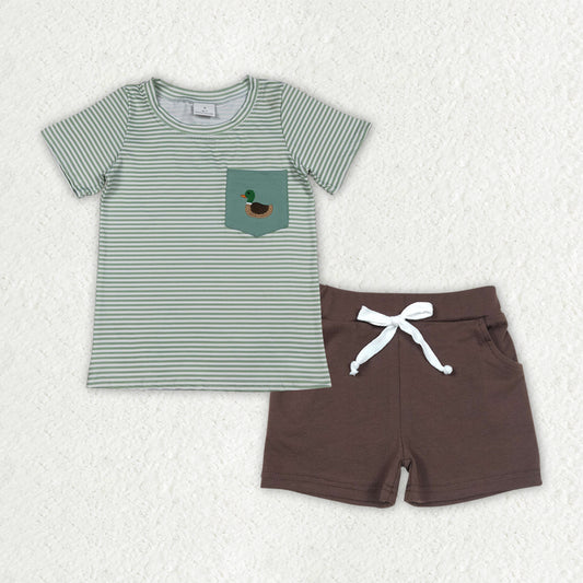 RTS NO MOQ（In Stock) baby boy clothes embroidery duck short-sleeved shirt with letters pocket shorts sets-BSSO1807