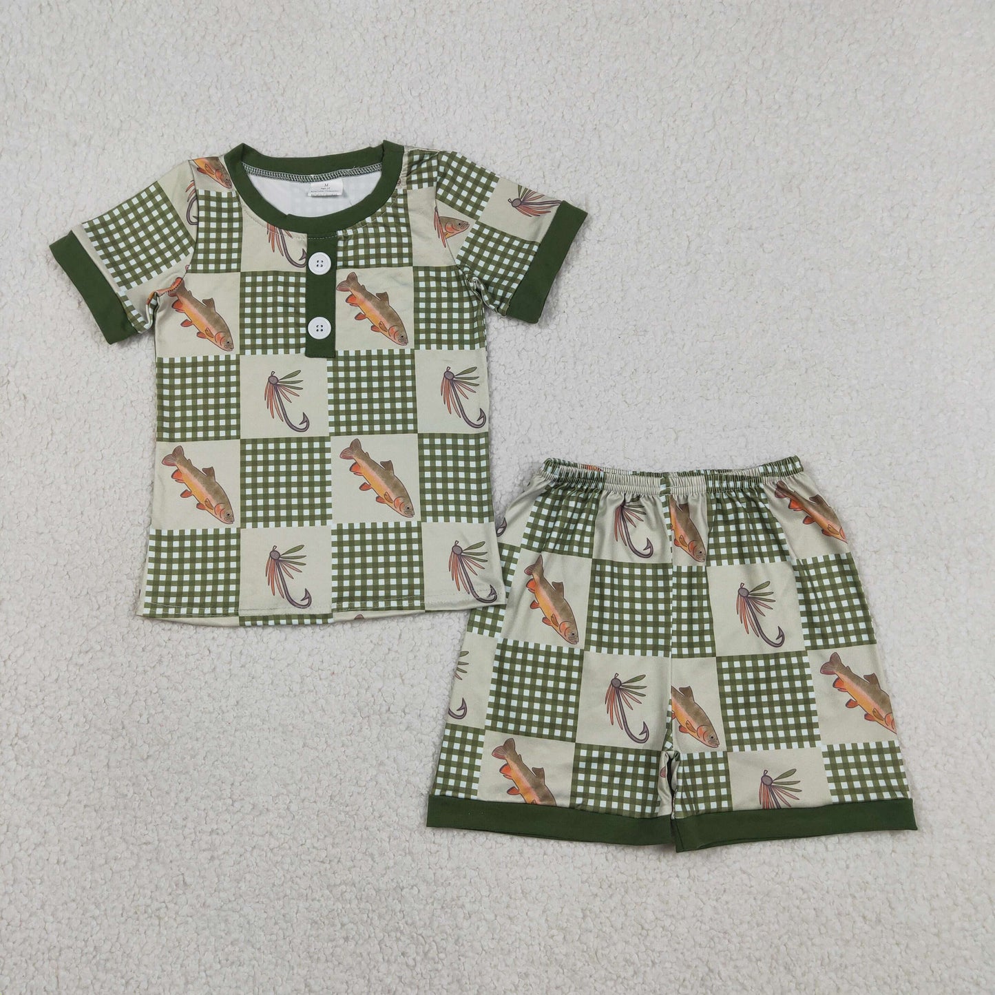 RTS NO MOQ BSSO1817 Baby Boys Cute Olive Checked Fishing Print Button Pajamas Set