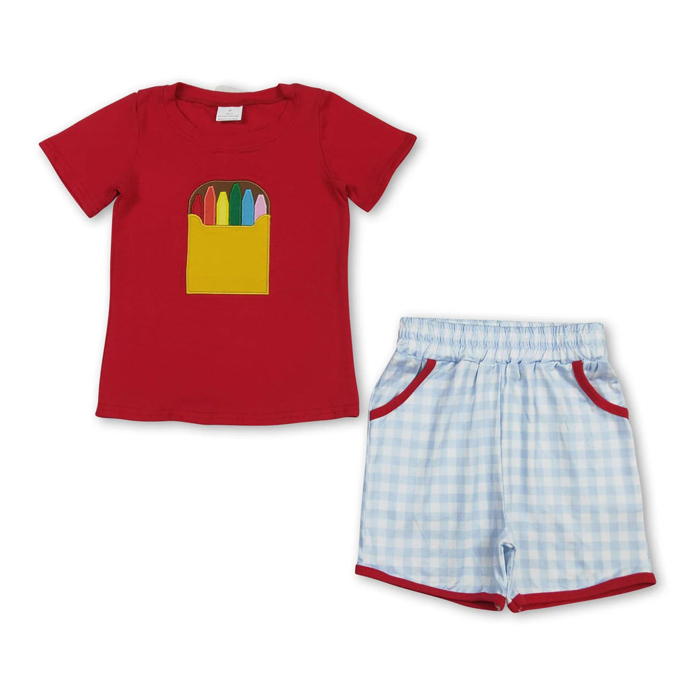 RTS NO MOQ Sibling milk silk Baby Girls Boys Embroidery Pencil Checked Top Elastic Waist Shorts Back To School Casual Outfit(2T-14-16T）
