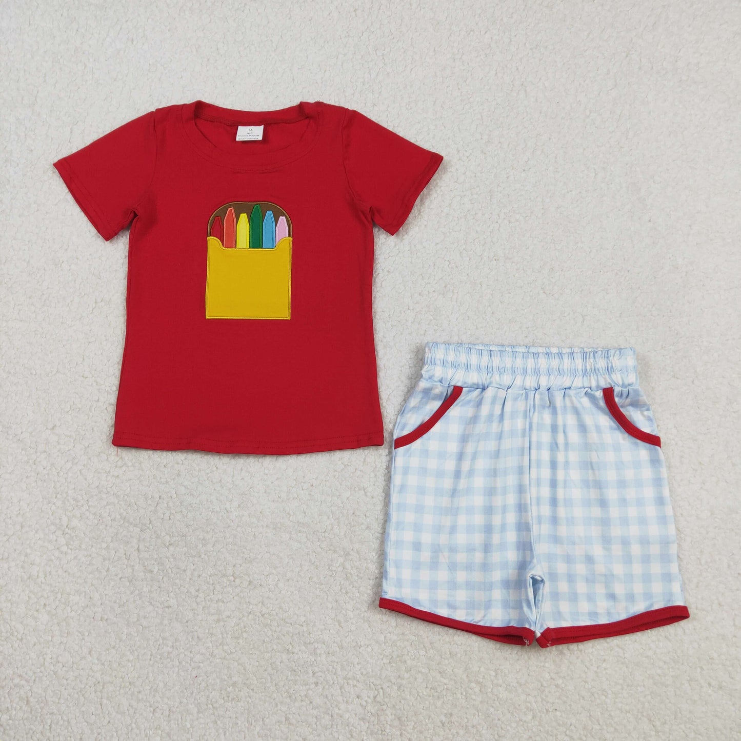 RTS NO MOQ BSSO1819  Baby Boys Red Embroidery Short-Sleeved Top Plaid Shorts Outfit for Back to School