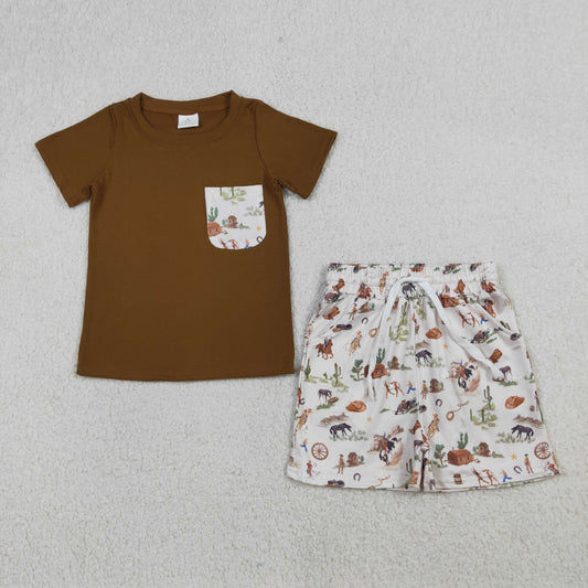 RTS NO MOQ BSSO1825 Baby Boys Western Shirt Top with Horse Rodeos Cactus Print And Pockets Short Clothes Set for Kids