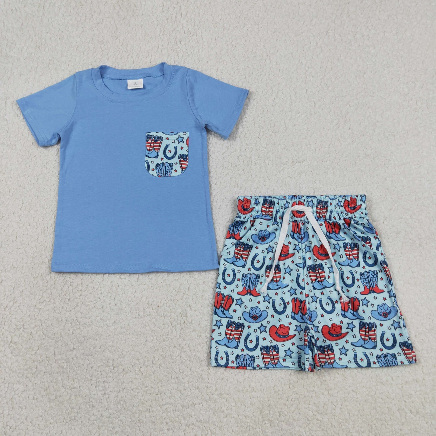 RTS NO MOQ BSSO1829 milk silk Baby Boys Pocket Shirts Stars Hats Boots Short Western Sets