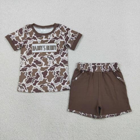 RTS NO MOQ Sibling Embroidery Mama's Boy Girl Brown Camouflage Shorts Outfit Set Dress Rompers for Children Baby Clothing Set